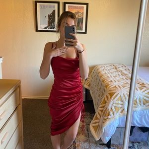 deep red, midi, bodycon dress